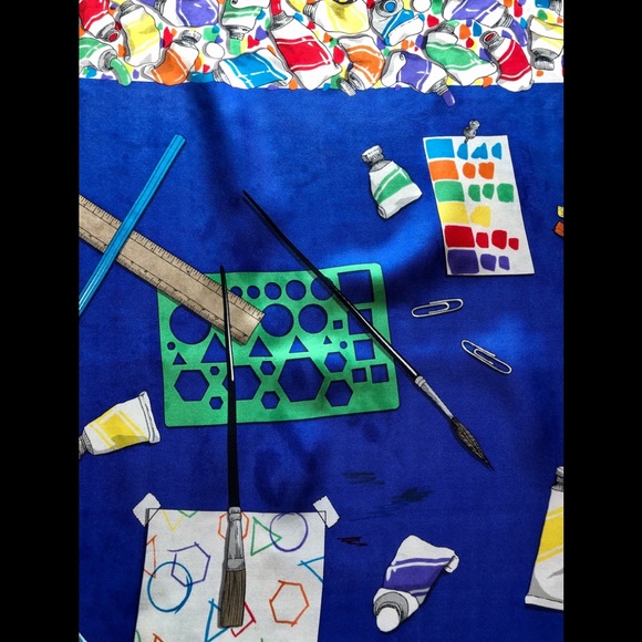 VTG 70’s Perry Ellis silk scarf painter theme print Royal blue & primary colors